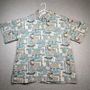 VTG Go Barefoot Hawaiian Shirt XL USA Tan Teal‎ Ocean Print Fish Dolphin Whale